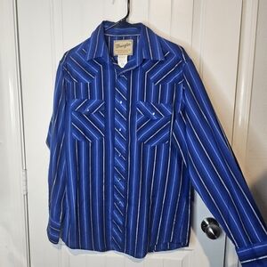 Wrangler Men's Western Snap Shirt Blue Striped Pearl Snaps Size M